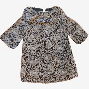 Artisan NY Midi Dress, Cold Shoulder, 3/4 Bell Sleeve, Navy Blue & White, Size 6